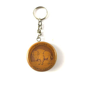 Medora North Dakota Wooden Compass Keychain Round Buffalo